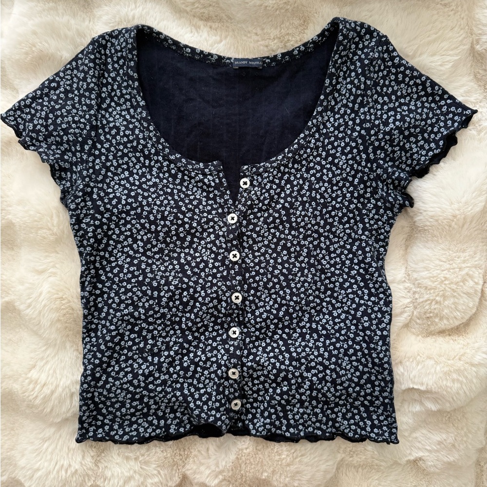 Brandy Melville Black and White Floral Button-Down Shirt